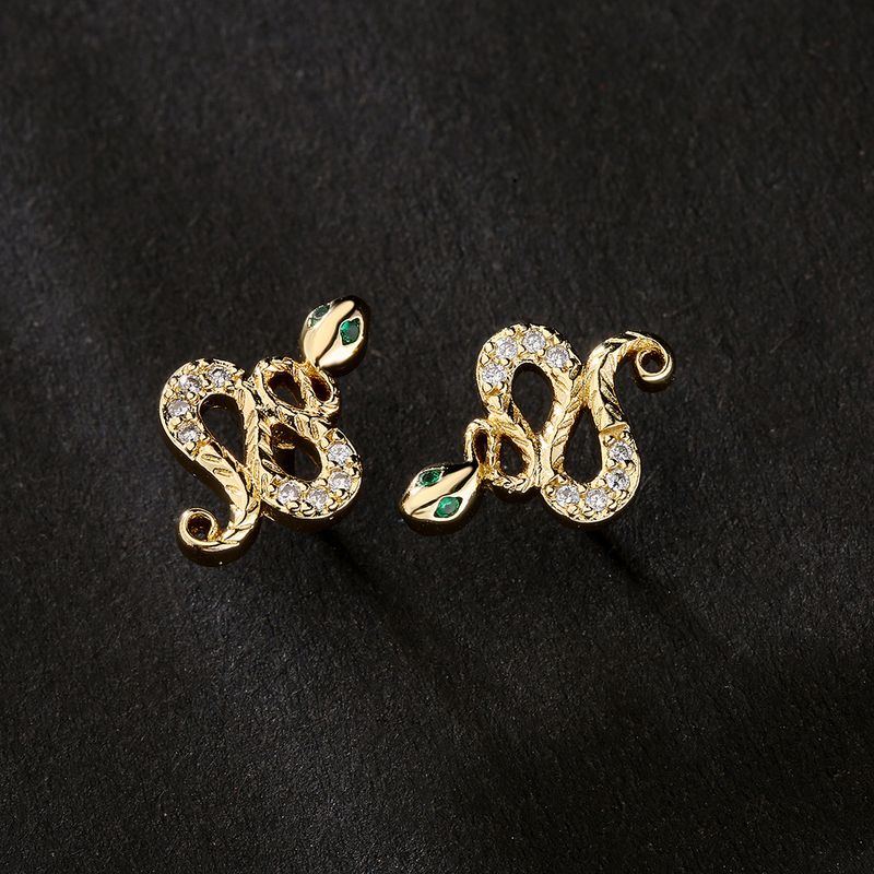 Boucles D&#39;oreilles Serpent En Or 18 Carats Plaquées De Zircon De Cuivre Rétro À La Mode