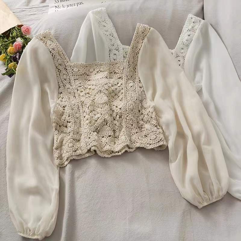 Hollow Crochet Perspective Square Neck Chiffon Long Sleeve Top