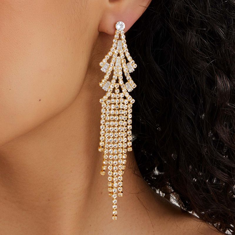 New Copper Electroplating 18k Gold Inlaid Rhinestones Tassel Long Tree Earrings