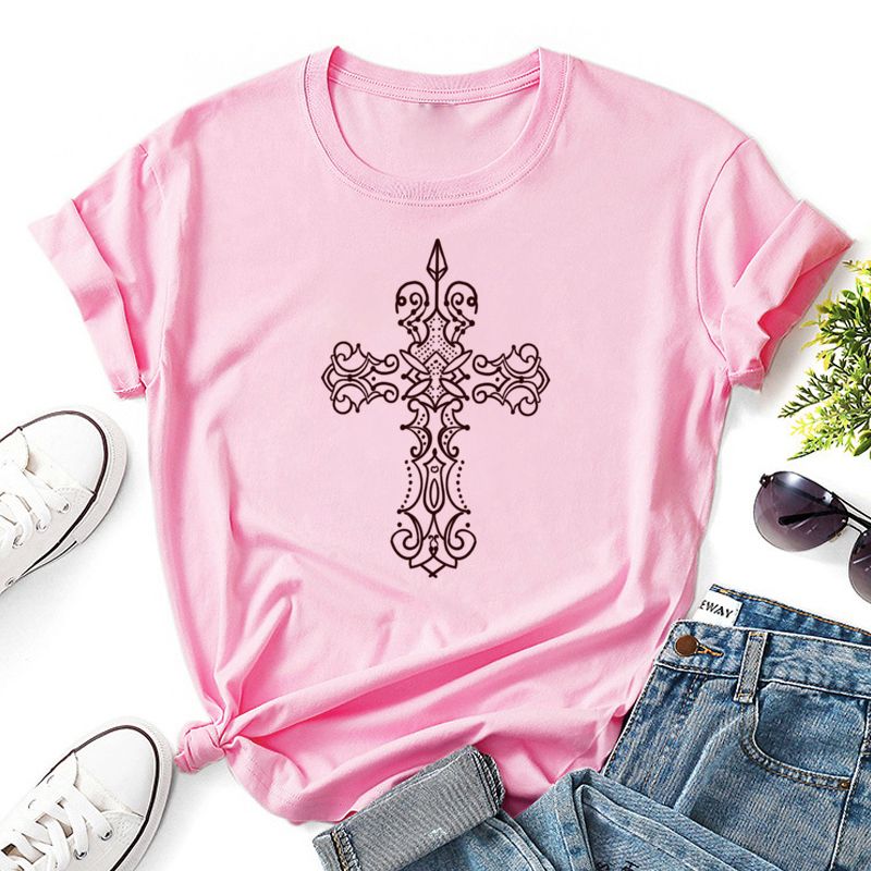 Cross Flower Pattern Printing Short-sleeved Slim Round Neck T-shirt