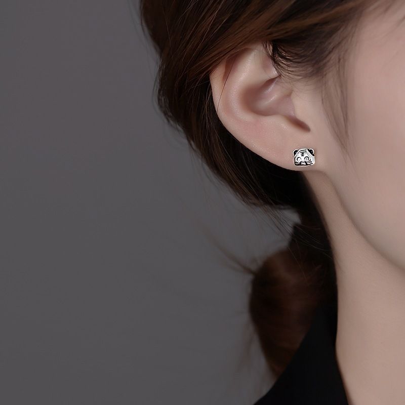 Cute Fashion S925 Silver Little Tiger Stud Earrings Ring