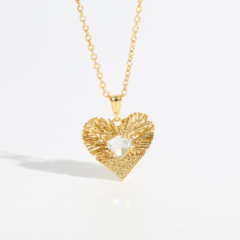 Fashion New Brass Plated 14k Real Gold Hollow Woven Heart-shaped Zircon Copper Necklace