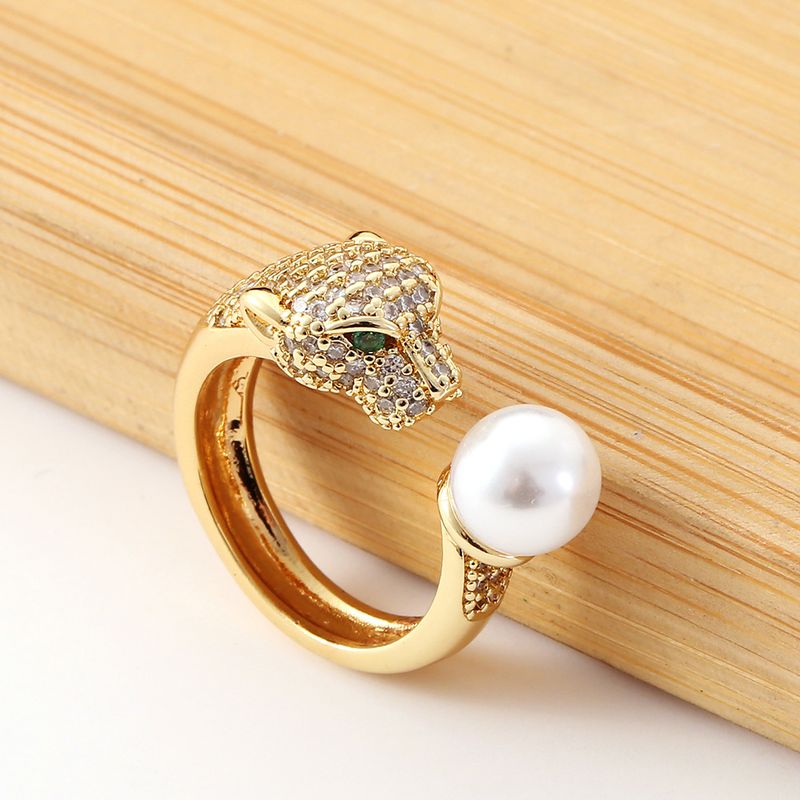 New Women's Leopard Diamond Pearl Copper Tail Ring Wholesale