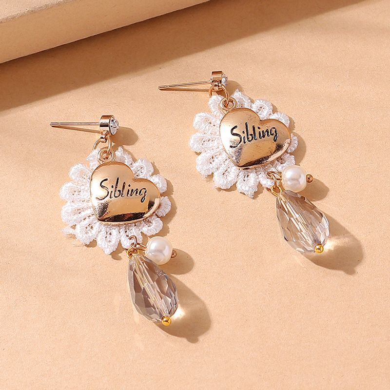 Fashion Lace Flower Lettering Heart Crystal Glass Pendent Earrings