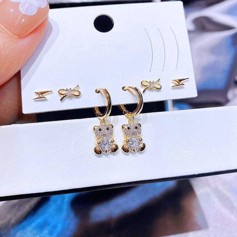 Yakemiyou Nouvelle Mode Boucles D&#39;oreilles Trois Paires Doux Arc Ours Cuivre Ensemble De Clous D&#39;oreille