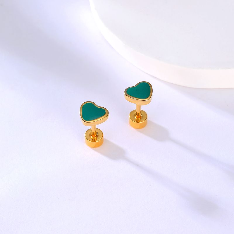 Fashion Stainless Steel Electroplating 18k Gold Retro Green Heart Stud Earrings