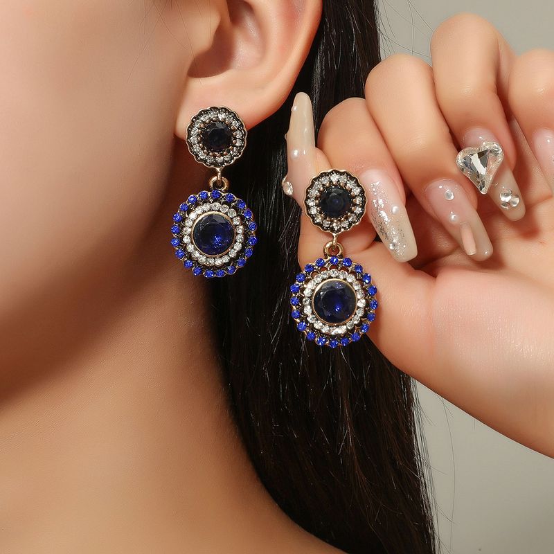 Retro Crystal Blue Earrings Women's Round Geometric Earrings