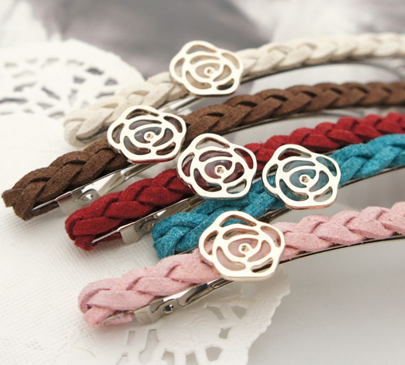 Fashion Rose Hand-woven Leather Hairpin Female Infrared Simple Alloy Clip