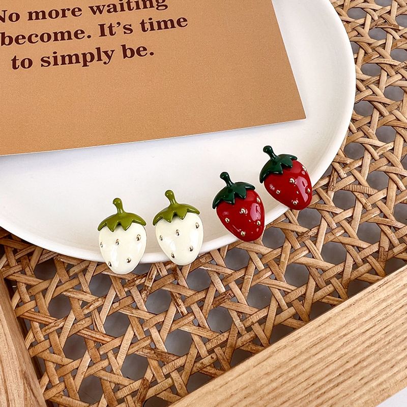 Cute Strawberry Enamel Oil Drop Strawberry Alloy Stud Earrings Wholesale