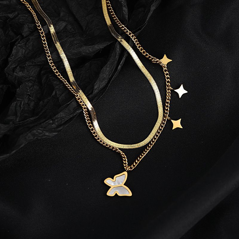 Fashion Double-layered Chain Butterfly Inlaid White Pearl Titanium Steel Clavicle Chain