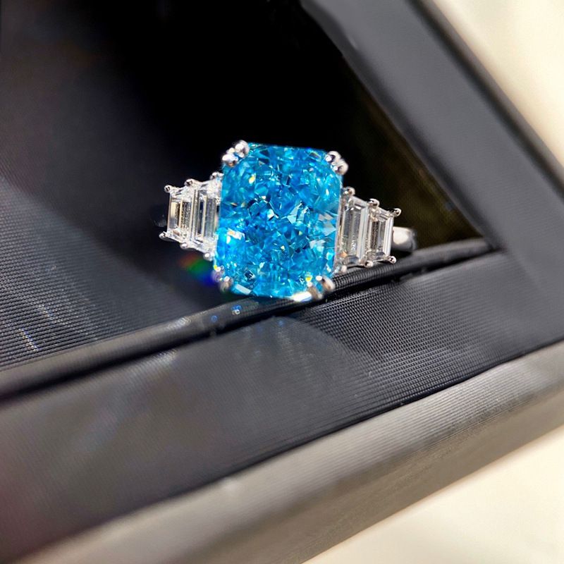 Fashion New 10*12 Square Sea Blue Zircon Female Copper Ring