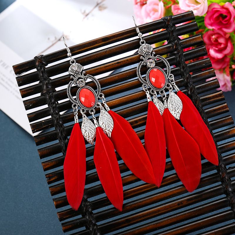 Retro Alloy Hollow Geometric Tassel Feather Exotic Leaves Earrings Wholesale