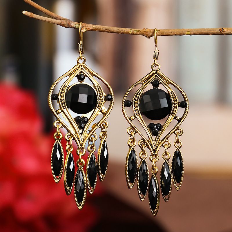 Creative Exaggerated Hollow Water Drop Tassel Ethnic Style Diamond Earrings