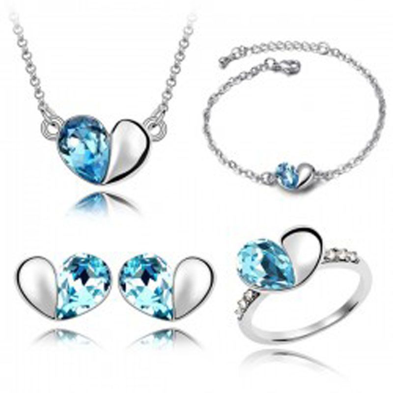 Peach Heart Crystal Pendant Necklace Bracelet Ring Stud Earrings Four-piece Set