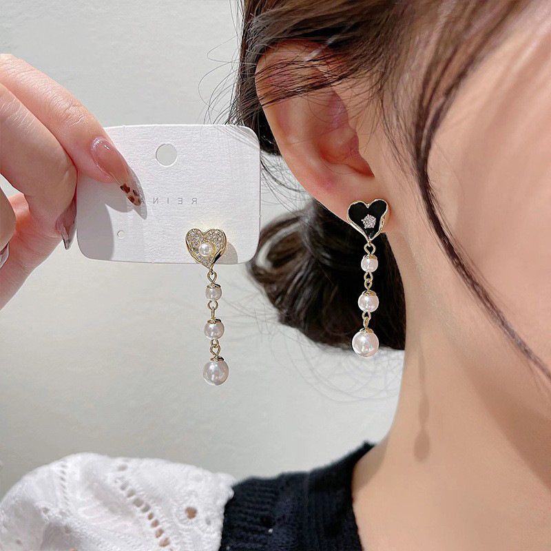 Simple Tassel Long Pearl Heart Asymmetric Earrings