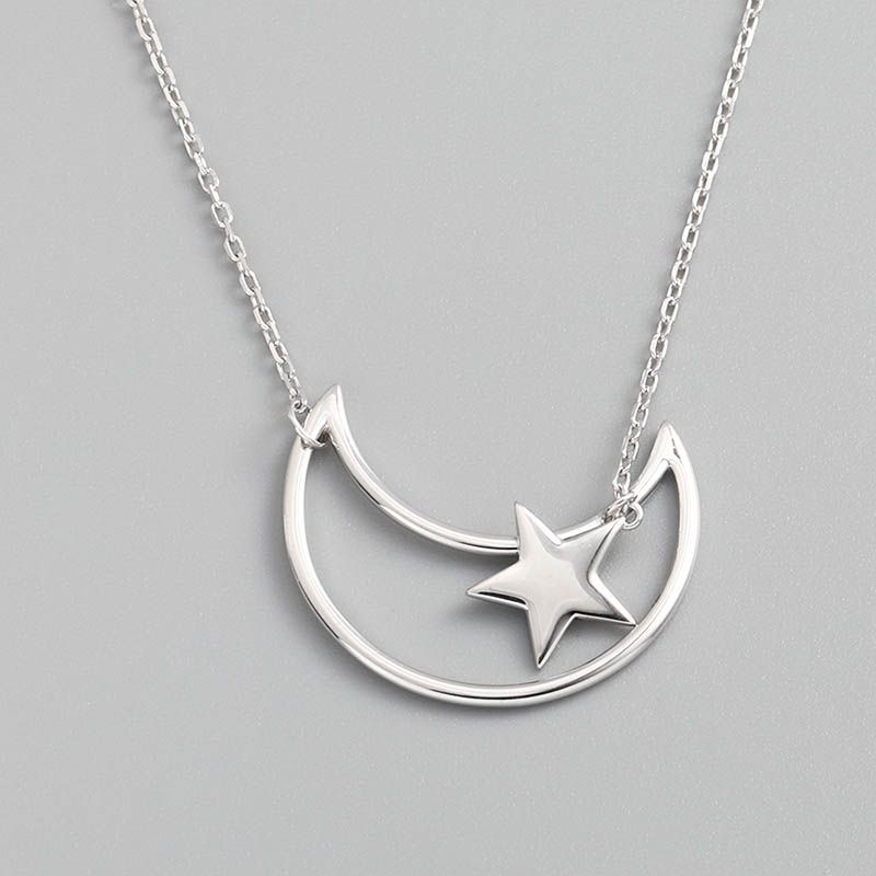 Mode Einfache Mond Stern Anhänger 925 Sterling Silber Halskette