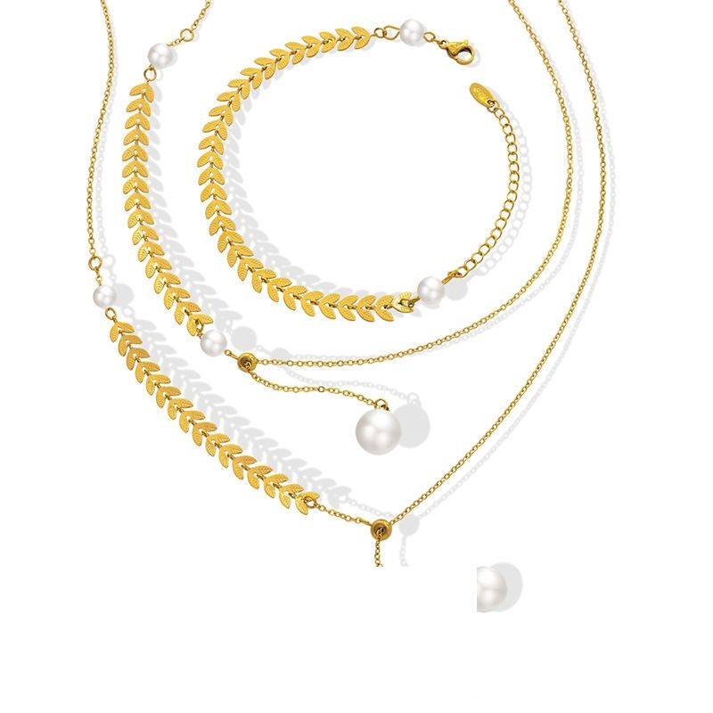 Bracelet De Collier De Perles De Blé En Acier Au Titane Rétro De Mode