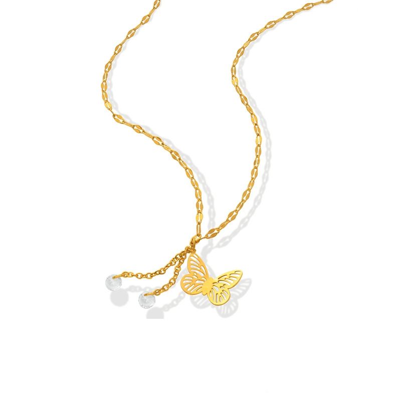 Simple Fashion Butterfly Tassel Zircon Pendant Titanium Steel Necklace