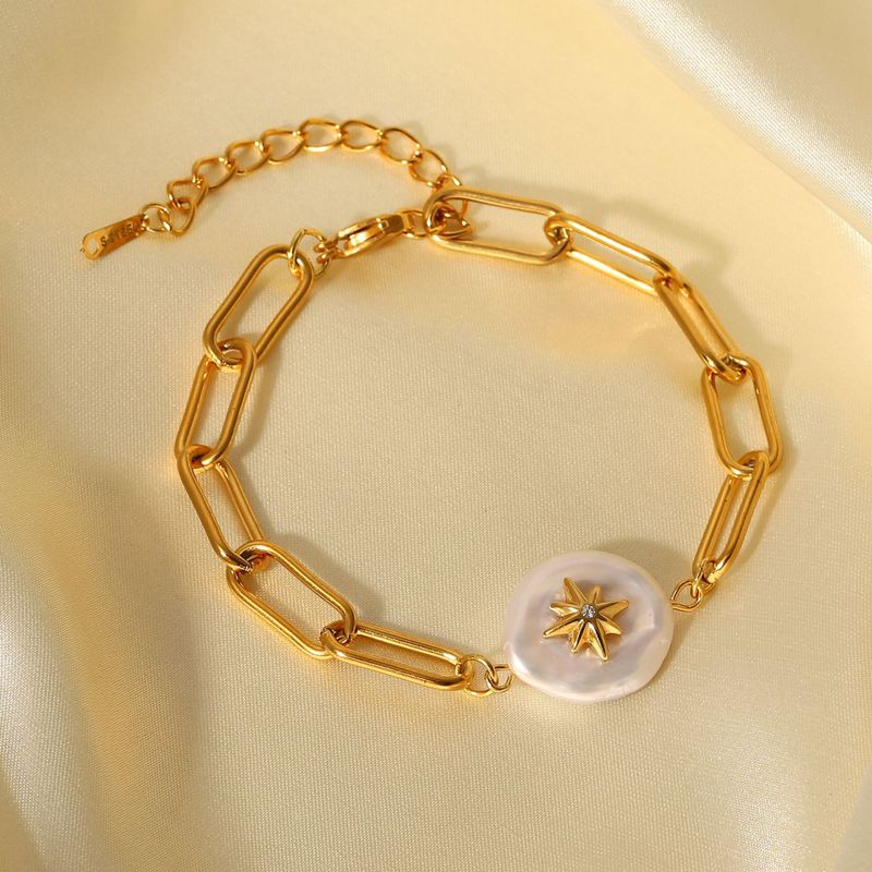 Fashion 18k Gold-plated Stainless Steel Eight-pointed Star Inlaid Pearl Bracelet