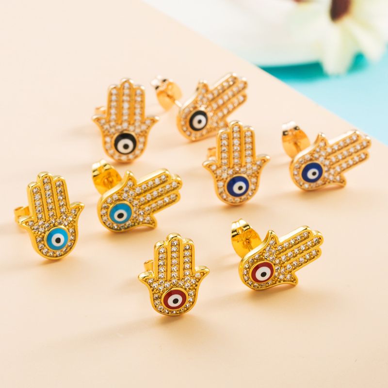 Fashion Copper Micro-set Color Zircon Fatima Palm Earrings Devil's Eye Earrings