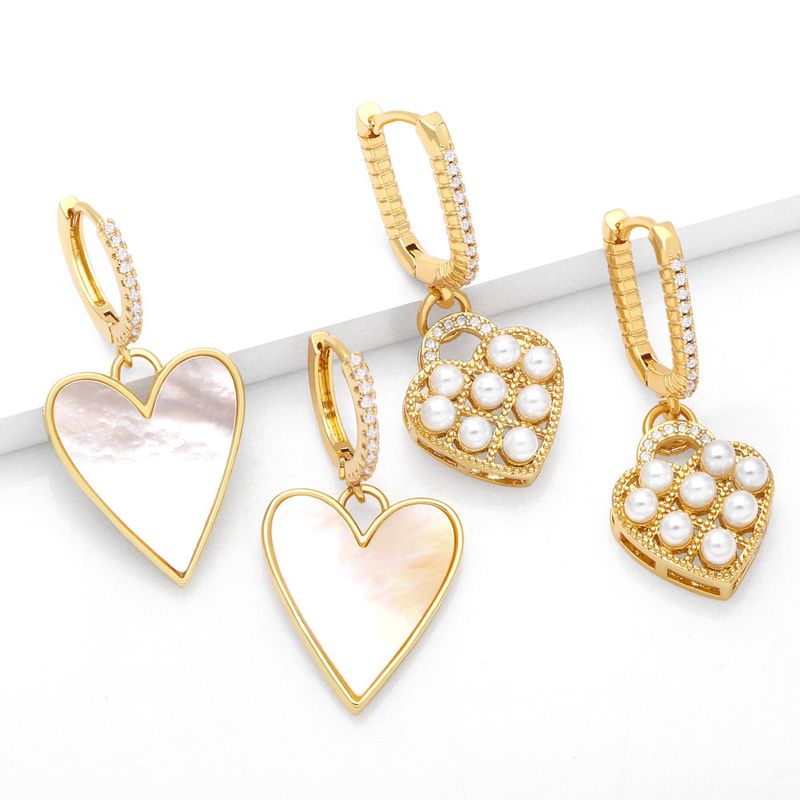 Pendientes De Perlas De Circón Con Incrustaciones Chapadas En Oro De 18 Quilates Con Colgante De Corazón De Moda