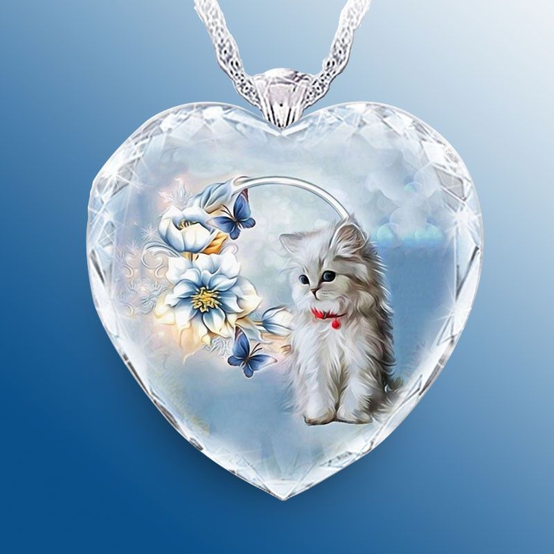 Fashion Retro Heart-shaped Crystal Blue Butterfly Kitten Necklace