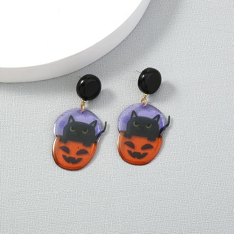 Pendientes De Resina De Dibujos Animados Lindos Divertidos Creativos Gato Negro Calabaza De Halloween