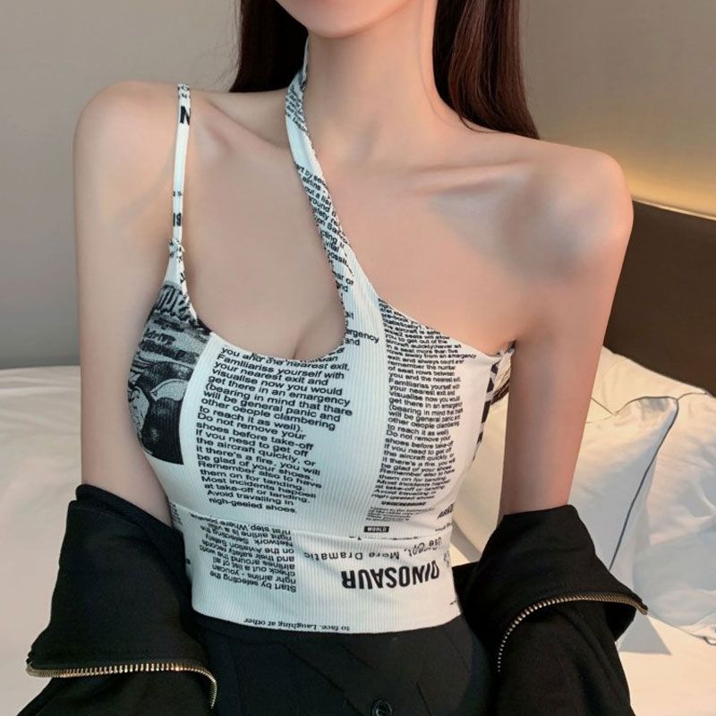 2022 Summer New Newspaper Print Sexy Slanted Shoulder Hollow Camisole Top Women&#39;s Clothing