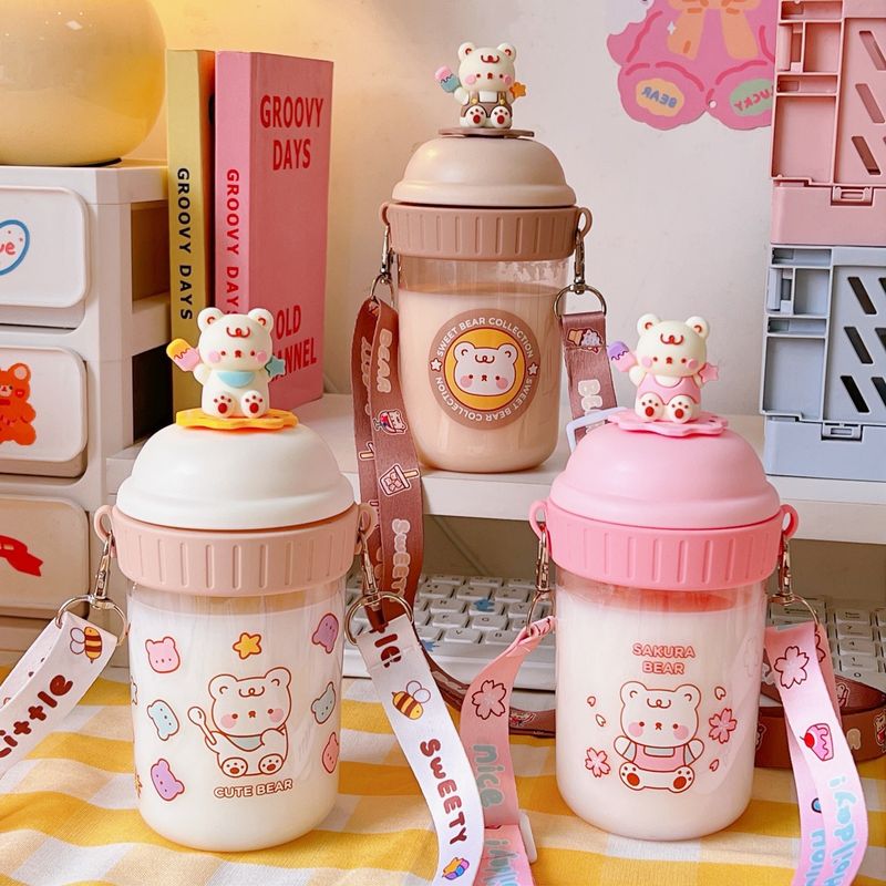 Cute Cartoon Bear Pattern Portable Transparent Water Cup 1000ml