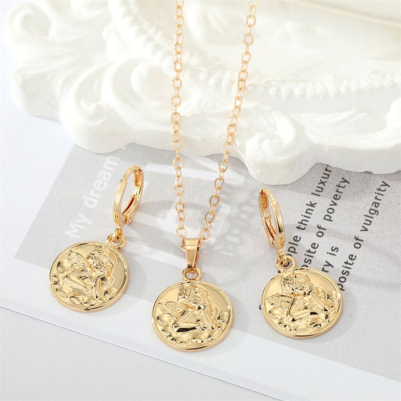Fashion Golden Round Coin Embossed Angel Earring Necklace Set