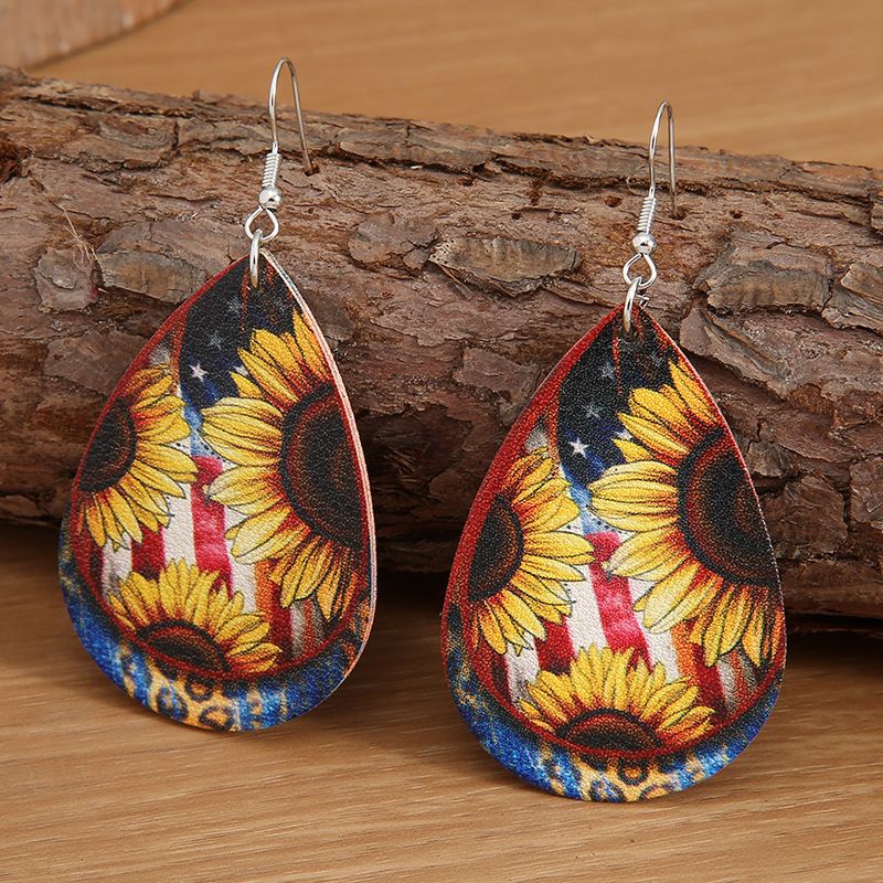 New Drop-shaped Retro Sunflower Leather Lychee Pattern Pu Earrings Metal