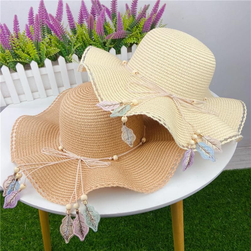 Chapeau Femme Été Grand Bord Feuille Pendentif Bord De Mer Plage Crème Solaire Chapeau De Paille