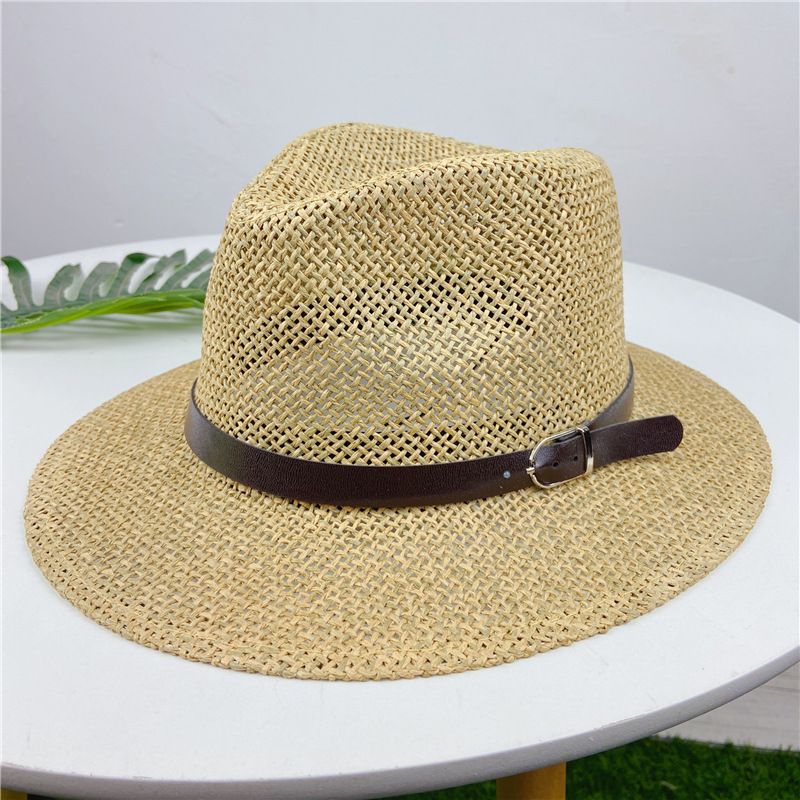 Sombrero De Paja Con Hebilla De Cuero Para Playa De Verano, Sombrero De Sombrilla Hueco Coreano
