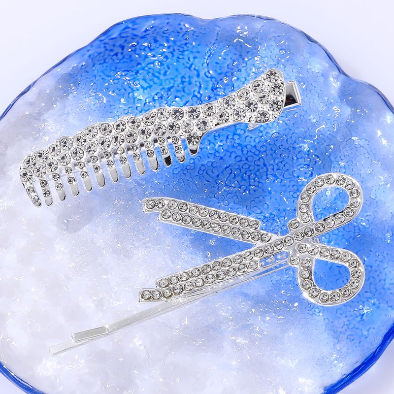 2 Piece Silver Rhinestone Scissors Comb Creative Styling Hair Clip Set