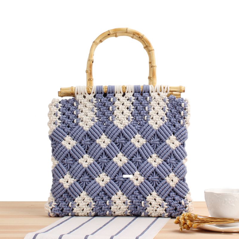 New Bamboo Plaid Straw Lace Hand-held Hand-carried Cotton Rope Woven Bag 30*26cm