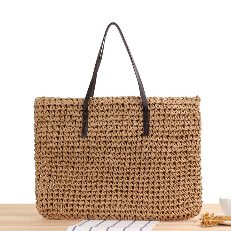 New Large-capacity Solid Color Shoulder Hand-woven Straw Bag 48*36cm