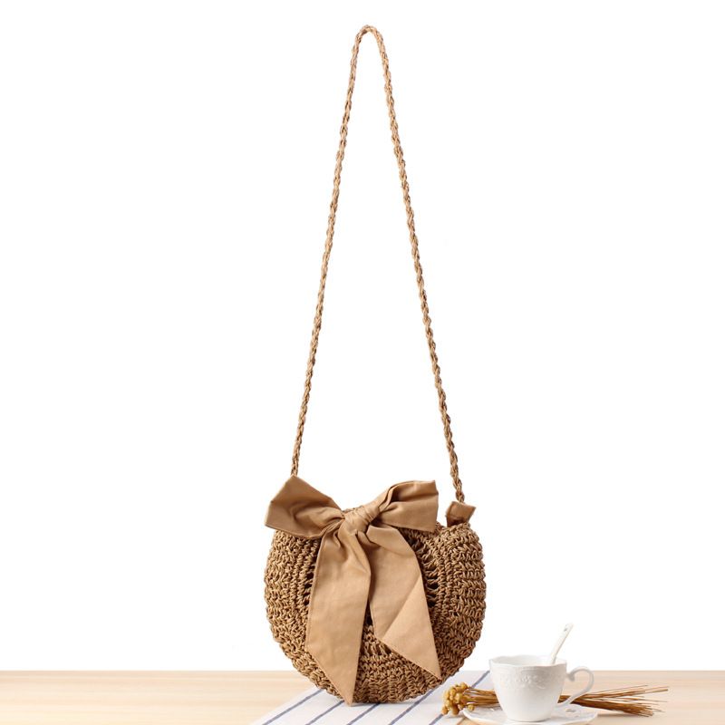 Cute Bow Crossbody Woven Hand-crocheted Round Straw Woven Bag 23*26cm