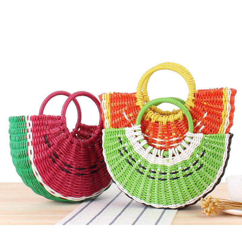 Color Fruit Hand Cute Semi-circular Handmade Pvc Woven Beach Straw Bag28*17*8cm