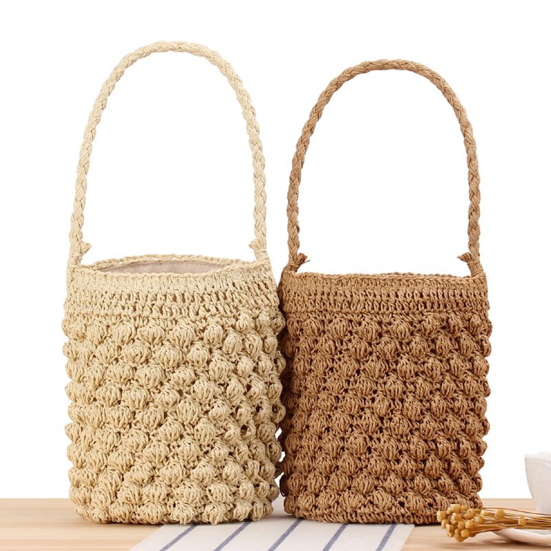 Sac De Loisirs En Paille De Seau Mignon Tissé À La Main Cylindrique20 * 14cm