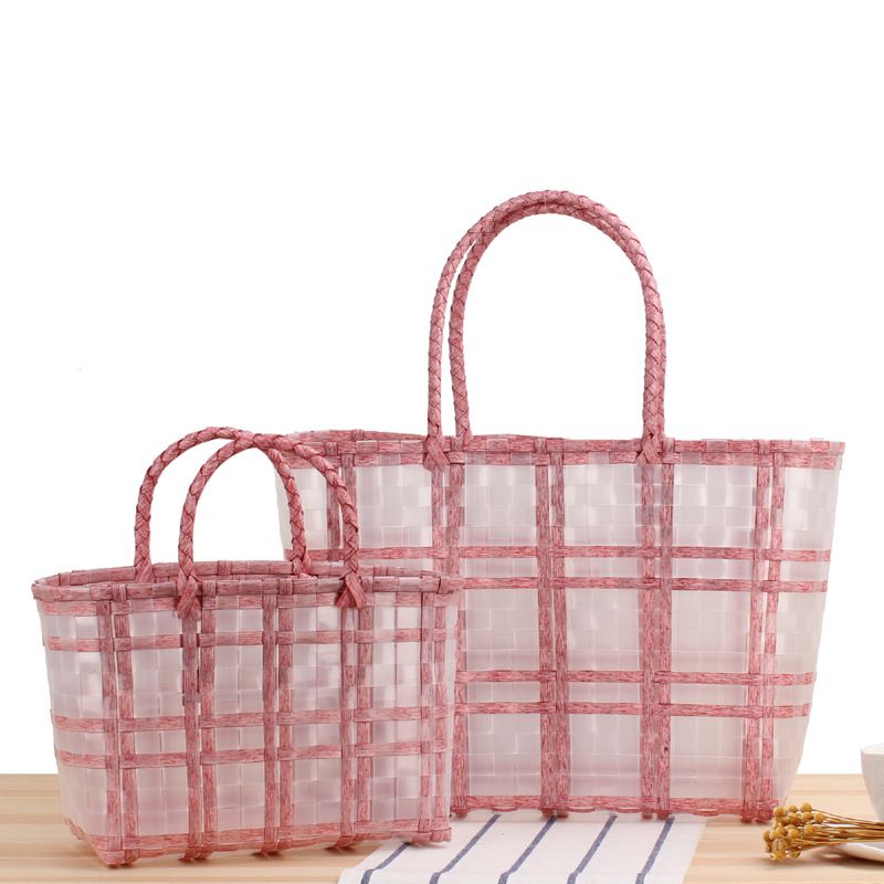 Plaid Striped Hand-carrying Transparent Waterproof Plastic Hand-woven Bag 48*27*15cm