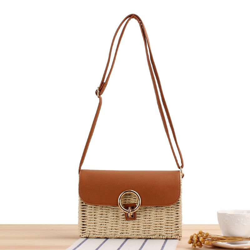 Women's Small Summer Straw Color Block Vacation Square Hook Loop Straw Bag