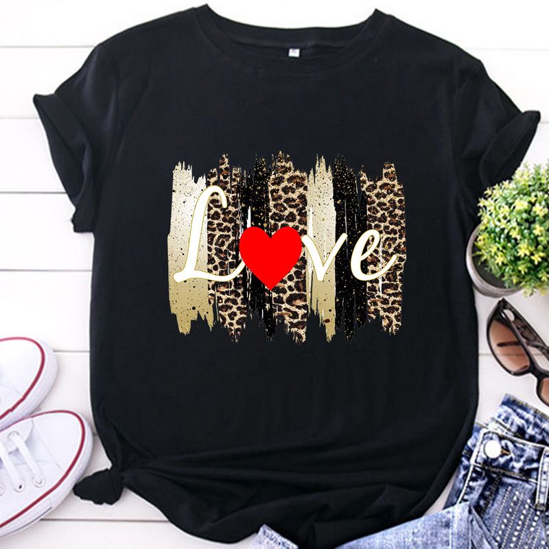 Kreatives Wort Liebe Leopard Mutter Drucken Lässige Kurzarm-t-shirt Frauen