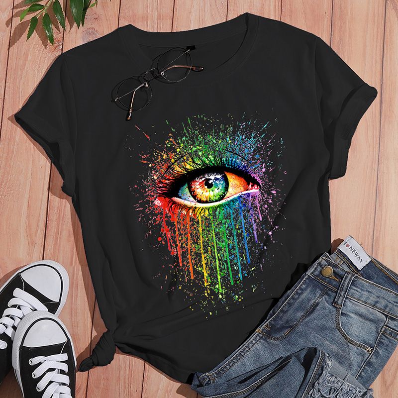Camiseta De Manga Corta Informal Con Estampado De Ojos Coloridos Creativos Para Mujer