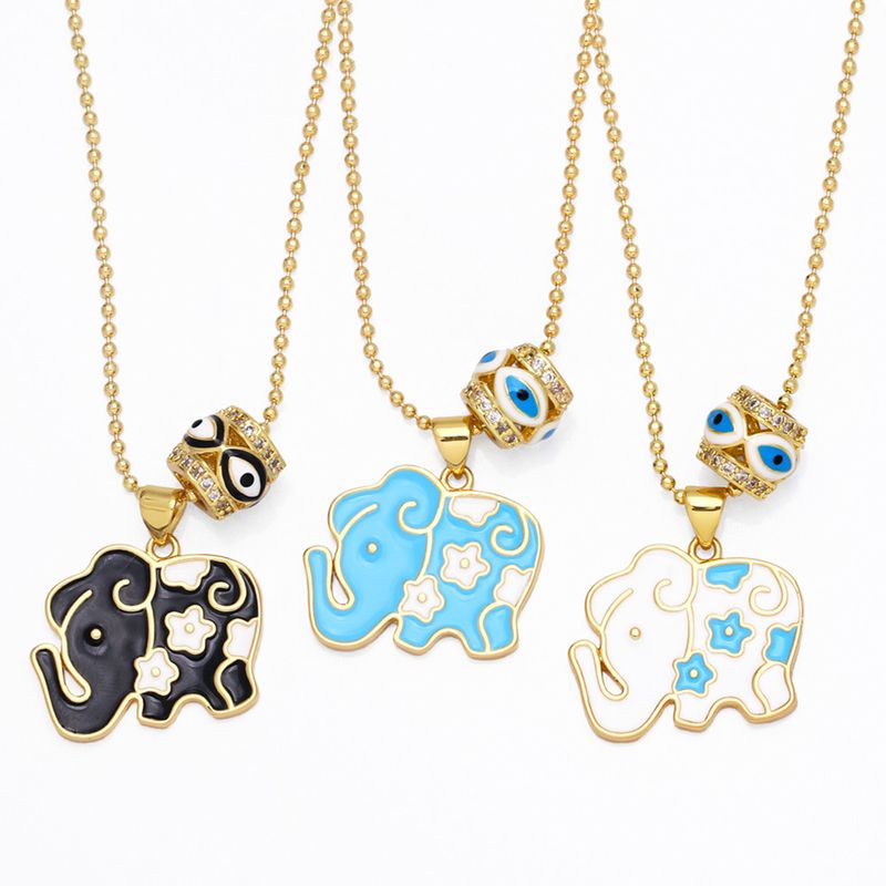 Creative Double Pendant Cute Color Dripping Oil Eye Elephant Copper Necklace Wholesale