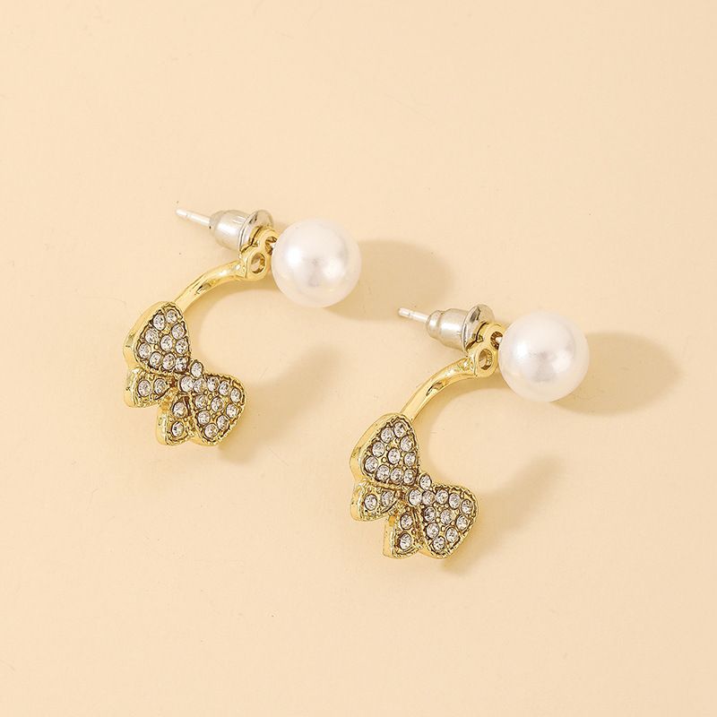 Pendientes De Tuerca De Mariposa Con Diamantes De Imitación Y Perlas A La Moda, Pendientes De Aleación Simples
