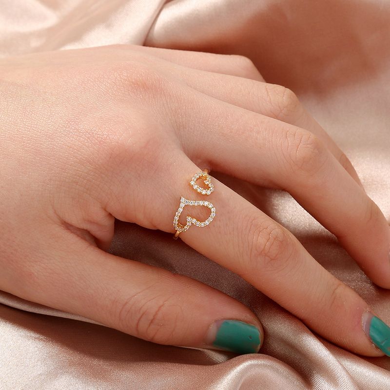 Simple Double Heart Copper Micro-encrusted Zircon Ring Female