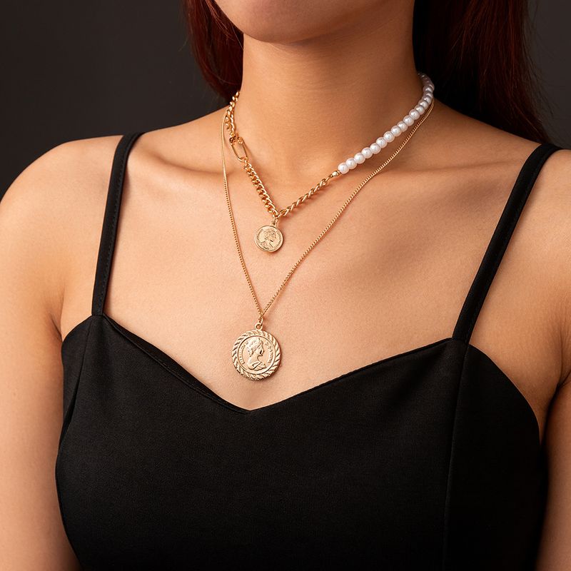 Simple Retro Accessories Roman Coin Imitation Pearl Multi-layer Necklace