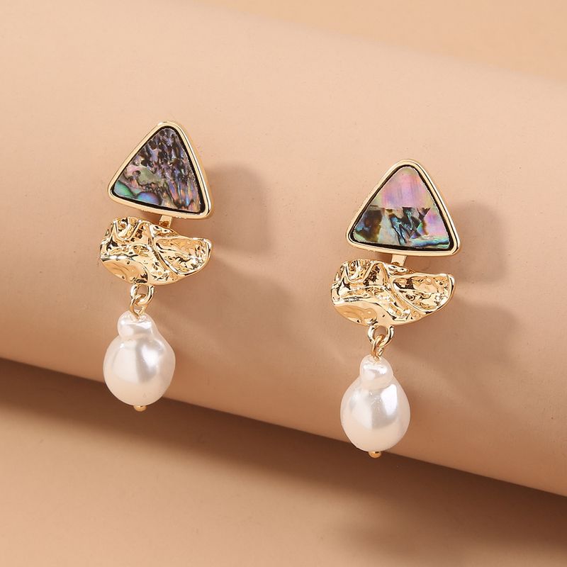 Fashion Natural Shell Triangle Earrings Retro Long Pearl Alloy Earrings
