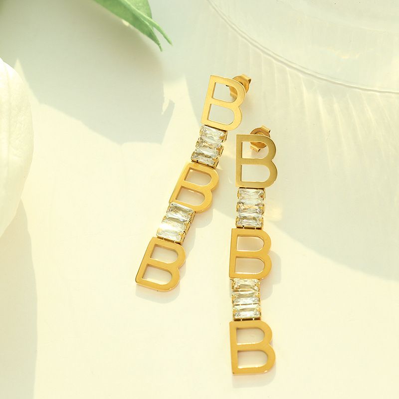 Fashion English Letter B Zircon Geometric Earrings Titanium Steel Drop Earrings