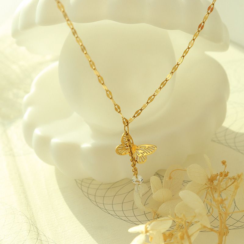 Simple Geometric Hollow Butterfly Pendant Titanium Steel Zircon Necklace Wholesale